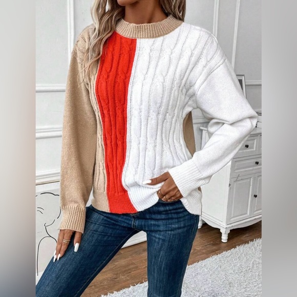 Women’s Small Color Block Cable Knit Drop Shoulder Sweater - Picture 1 of 3